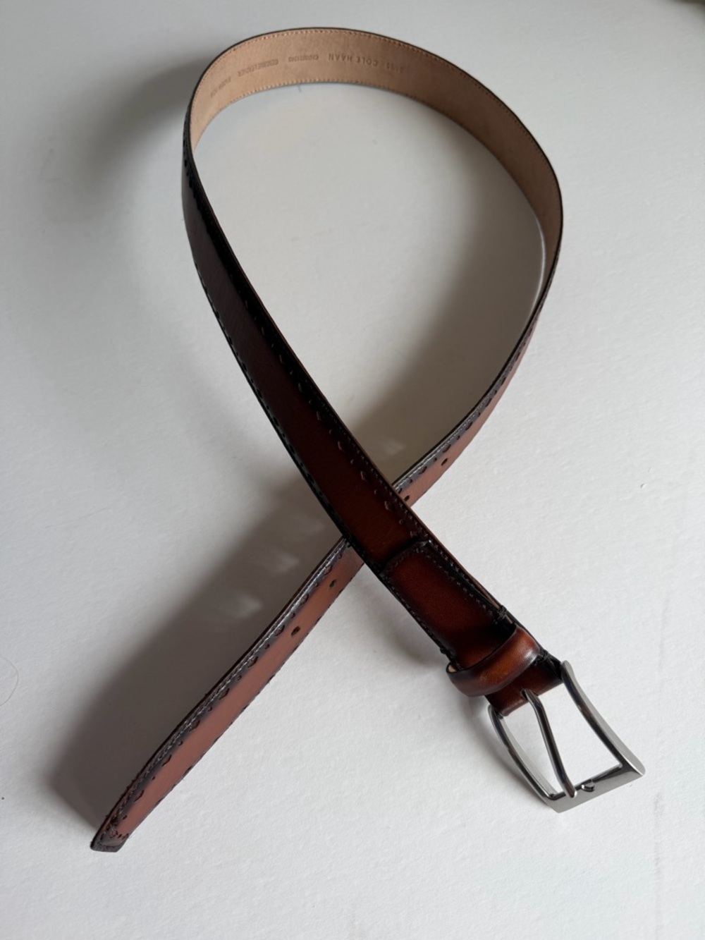 Cole Haan Mens Brown Leather Belt Burnished Stitched Detail - Size 34 - Picture 7 of 7